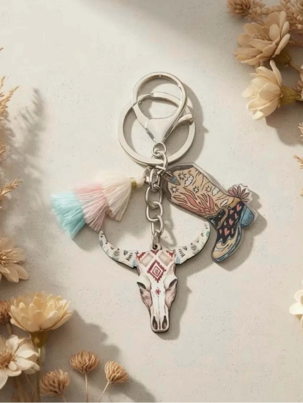 Western Boho Pastel Tassel Cow Skull & Cowboy Boot Keychain or Bag Charm
